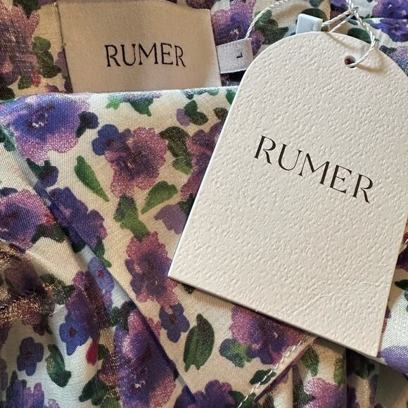 Rumer NWT Crop Top puff sleeves Purple floral metallic shine Size Large - Picture 3 of 5